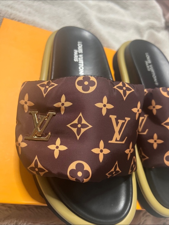 Louis Vuitton Shoes - Brown Monogram Slide Sandals with Gold LV Accent size 35